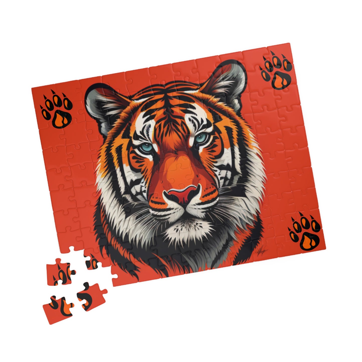 Tiger in motion with strong body language, featured on a puzzle celebrating personal power and resilience