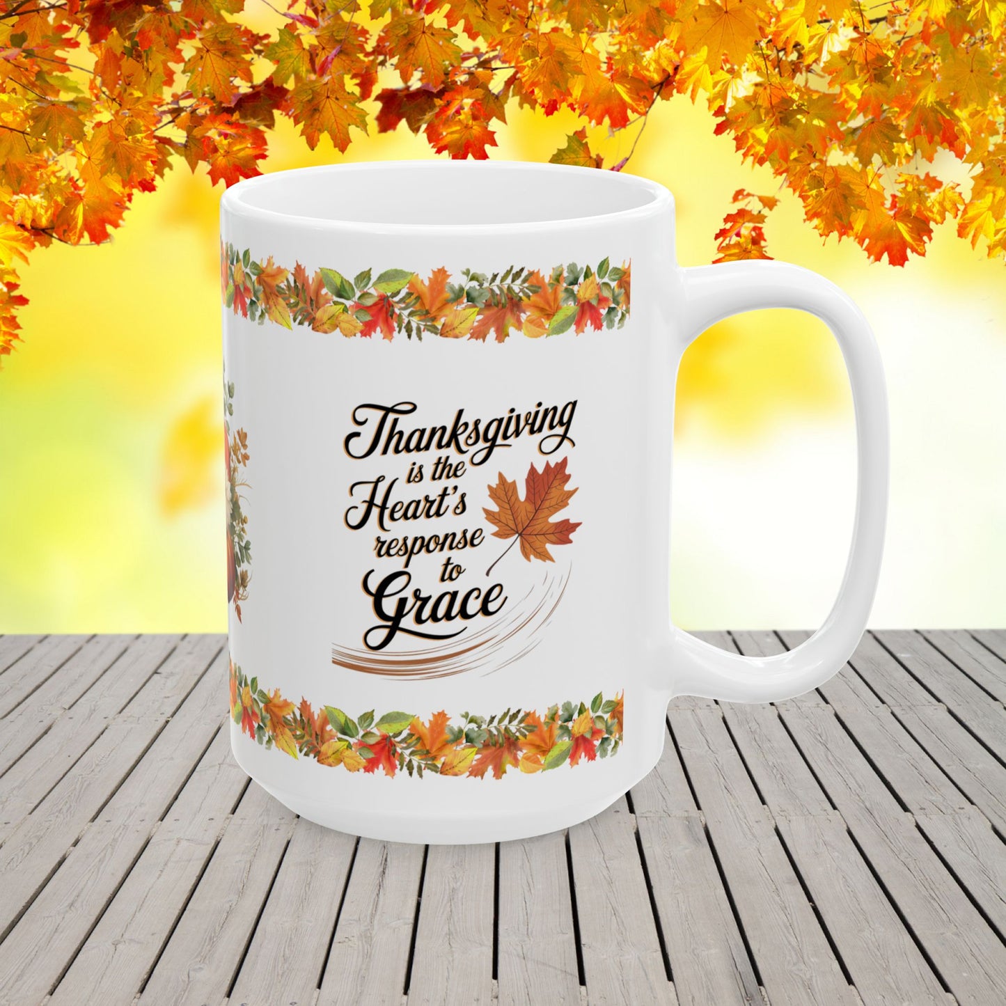 Thanksgiving Ceramic Mug with Grace and Heartfelt Thanks for Gratitude and Reflection