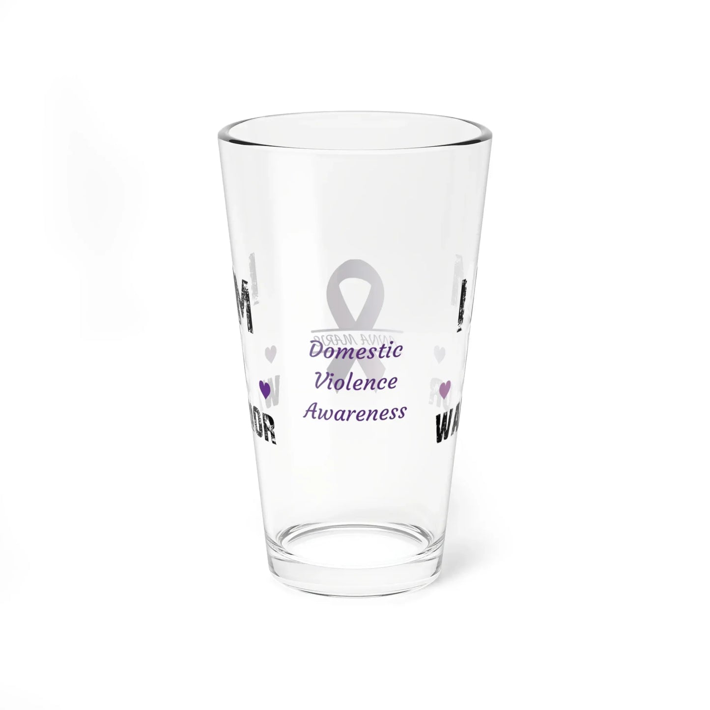 Shop our premium i am of a warrior domestic violence awareness pint glass 16oz from MySisterIsASurvivor.
