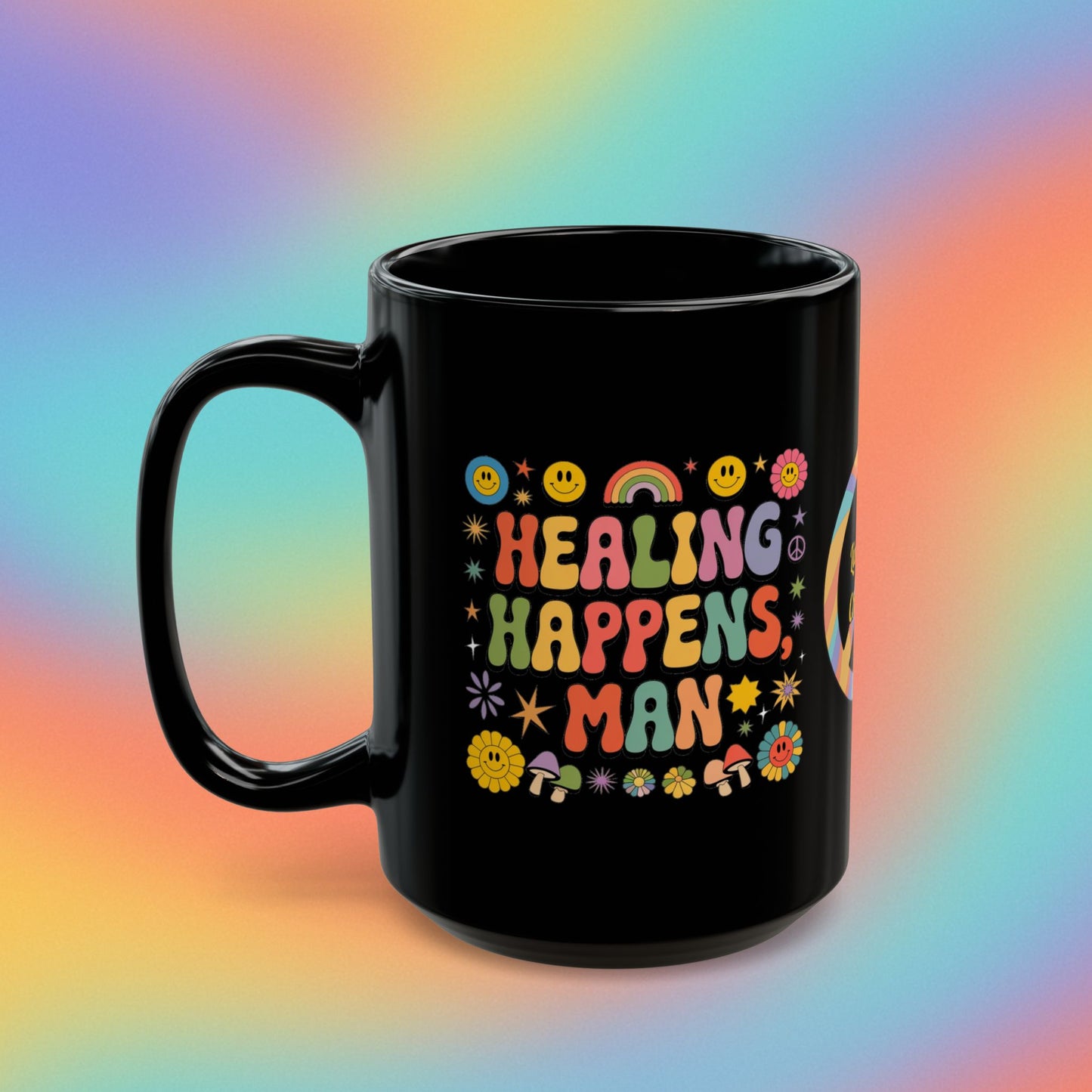 Healing Happens, Man personalized 70s mental health coffee mug affirmation gift - MySisterIsASurvivor
