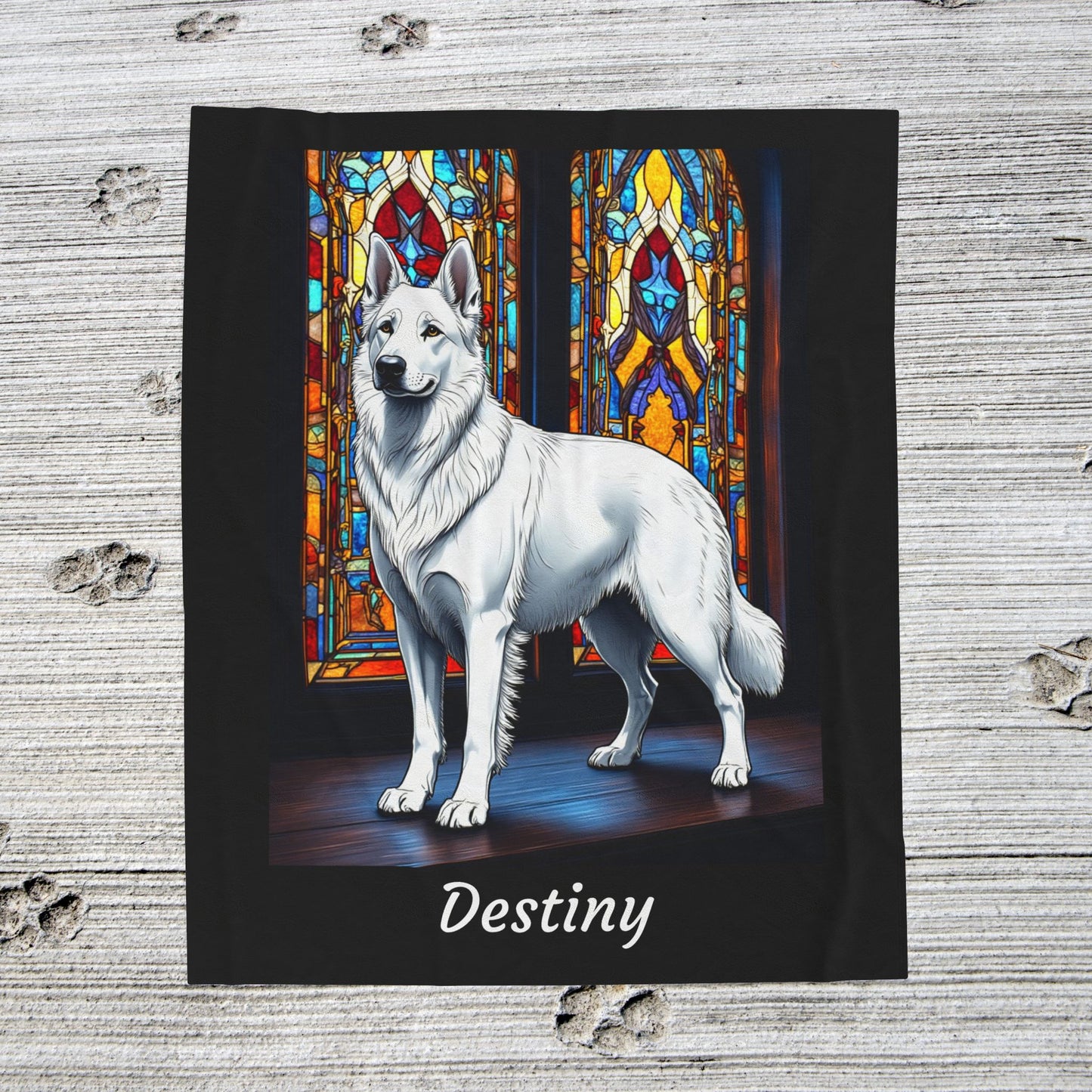 German Shepherd White Coat Velveteen Blanket, Stained Glass Dog Art Throw, Personalized Gift