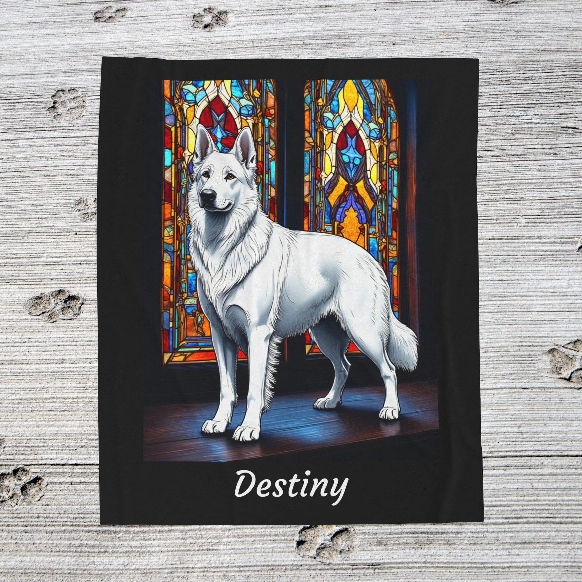 German Shepherd White Coat Velveteen Blanket, Stained Glass Dog Art Throw, Personalized Gift