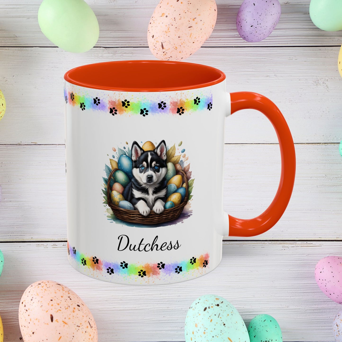 Siberian Husky Easter puppy coffee mug personalized cute dog design, uplifting gift for springtime mental health support.
