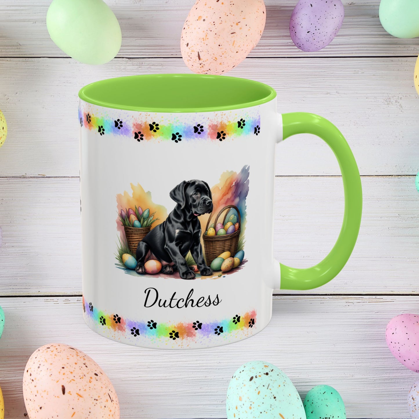 Great Dane Black Easter puppy coffee mug, personalized cute dog gift for mental health support and cozy sipping