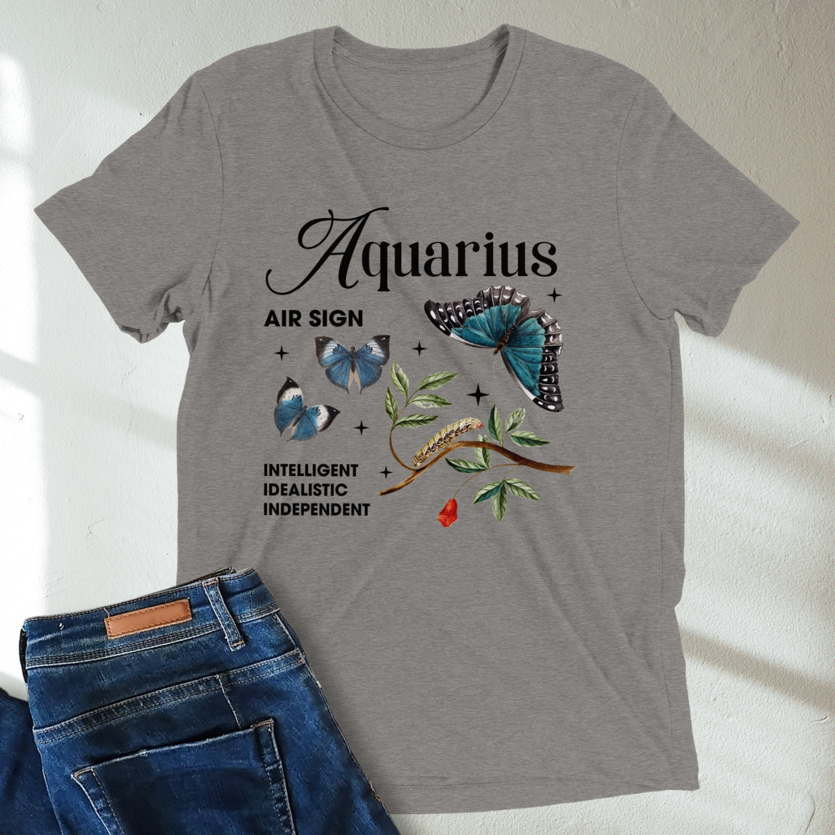 Aquarius Butterfly Zodiac Unisex T-Shirt : Soft Tri-Blend Unisex Astrology Shirt | Celestial Horoscope Tee