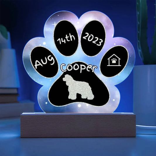 Shop our american cocker spaniel personalized dog gotcha day acrylic paw print plaque featuring the Battery Powered LED Base style option from MySisterIsASurvivor.