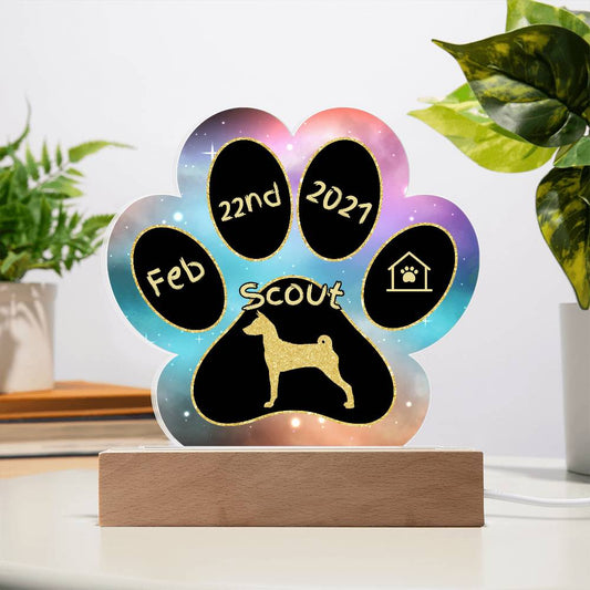 Basenji personalized Gotcha Day dog plaque - 7" acrylic paw print gift