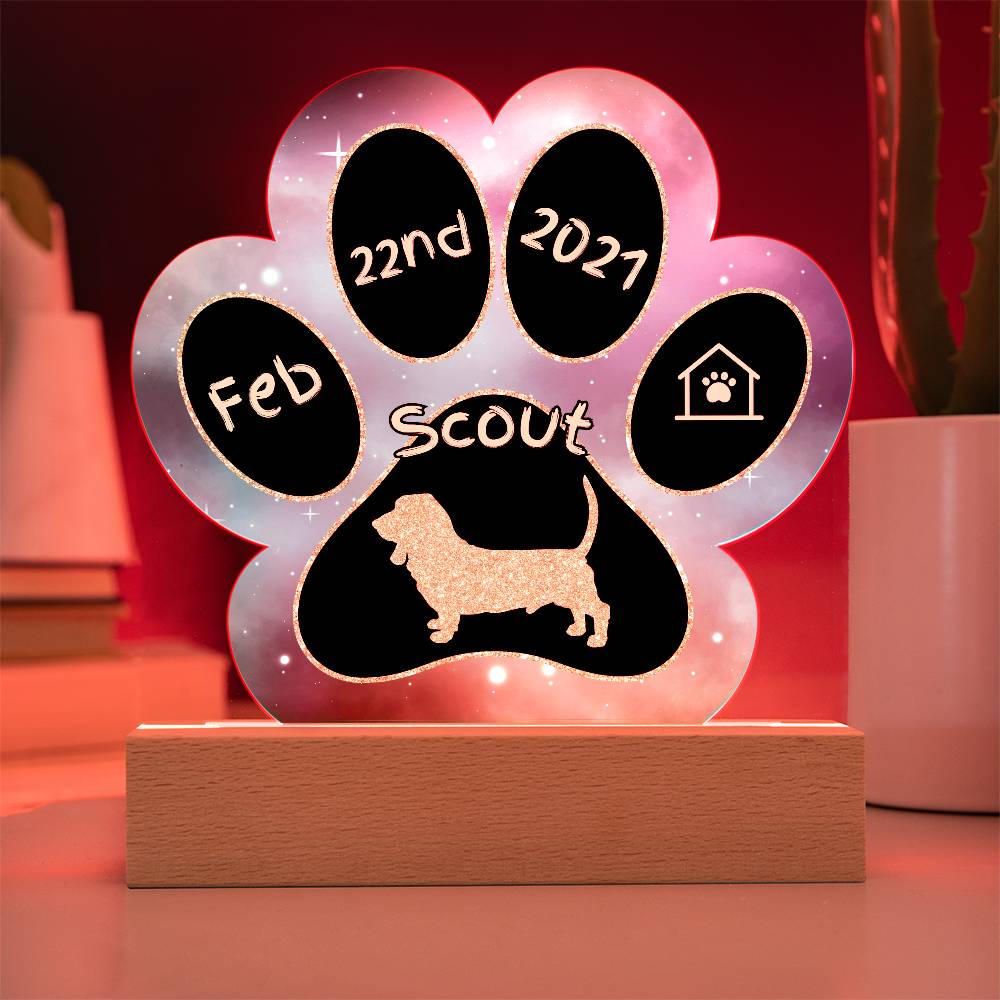 Basset Hound Gotcha Day plaque - personalized 7" acrylic paw print dog sign