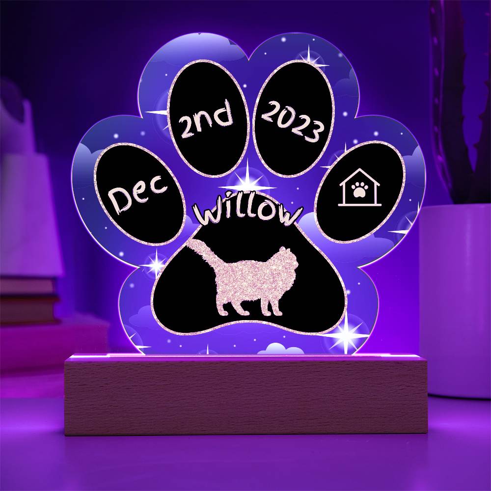 British Longhair Cat Gotcha Day Plaque - Personalized 7" LED Acrylic Paw Print Pet Welcome Gift