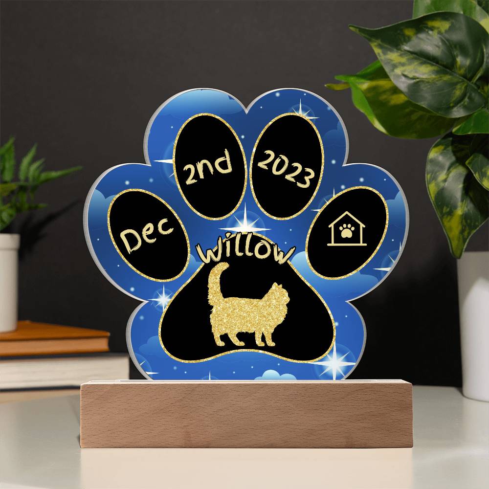 Chantilly-Tiffany Cat Gotcha Day Plaque - Personalized 7" LED Acrylic Paw Print Pet Memory Gift