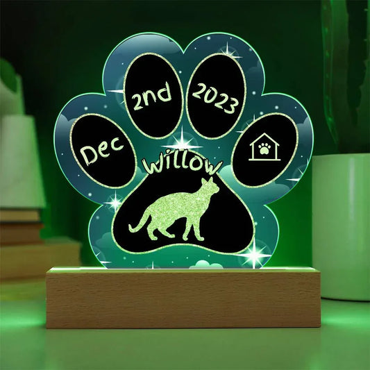 Shop our chausie personalized cat gotcha day acrylic paw print plaque featuring the Battery Powered LED Base style option from MySisterIsASurvivor.
