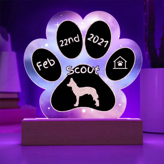 Shop our chinese crested personalized dog gotcha day acrylic paw print plaque featuring the Battery Powered LED Base style option from MySisterIsASurvivor.