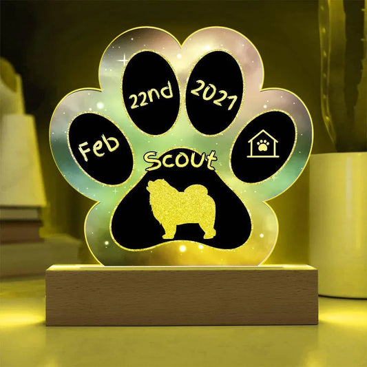 Shop our chow chow personalized dog gotcha day acrylic paw print plaque featuring the Battery Powered LED Base style option from MySisterIsASurvivor.