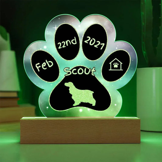 Shop our cocker spaniel personalized dog gotcha day acrylic paw print plaque featuring the Battery Powered LED Base style option from MySisterIsASurvivor.