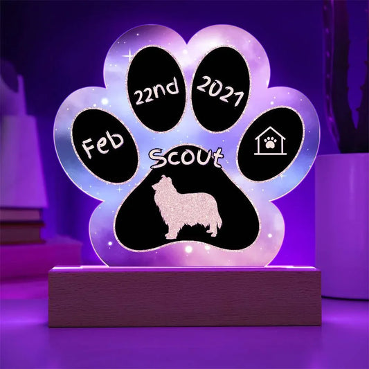 Shop our collie personalized dog gotcha day acrylic paw print plaque featuring the Battery Powered LED Base style option from MySisterIsASurvivor.