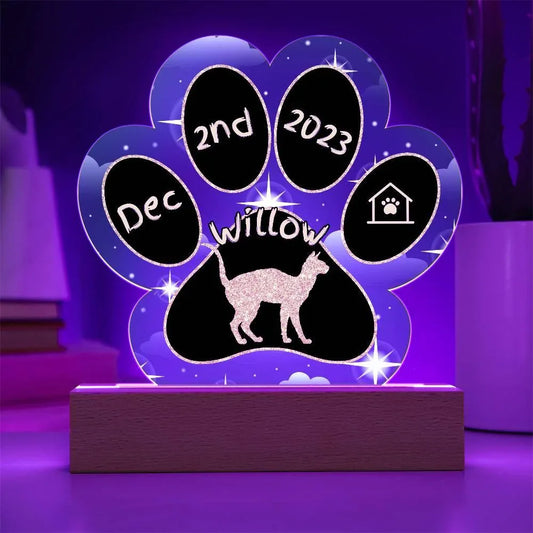 Shop our cornish rex personalized cat gotcha day acrylic paw print plaque featuring the Battery Powered LED Base style option from MySisterIsASurvivor.