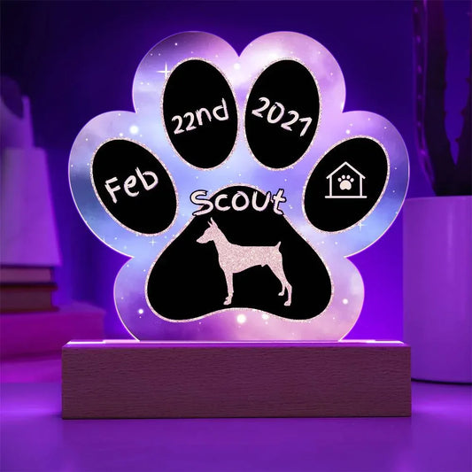 Shop our doberman personalized dog gotcha day acrylic paw print plaque featuring the Battery Powered LED Base style option from MySisterIsASurvivor.