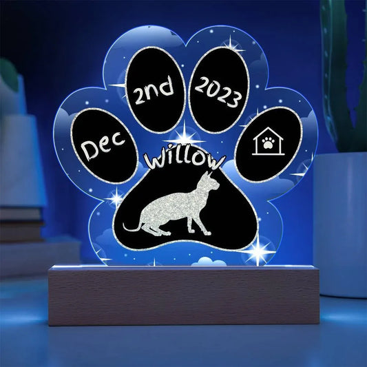 Shop our don sphynx personalized cat gotcha day acrylic paw print plaque featuring the Battery Powered LED Base style option from MySisterIsASurvivor.