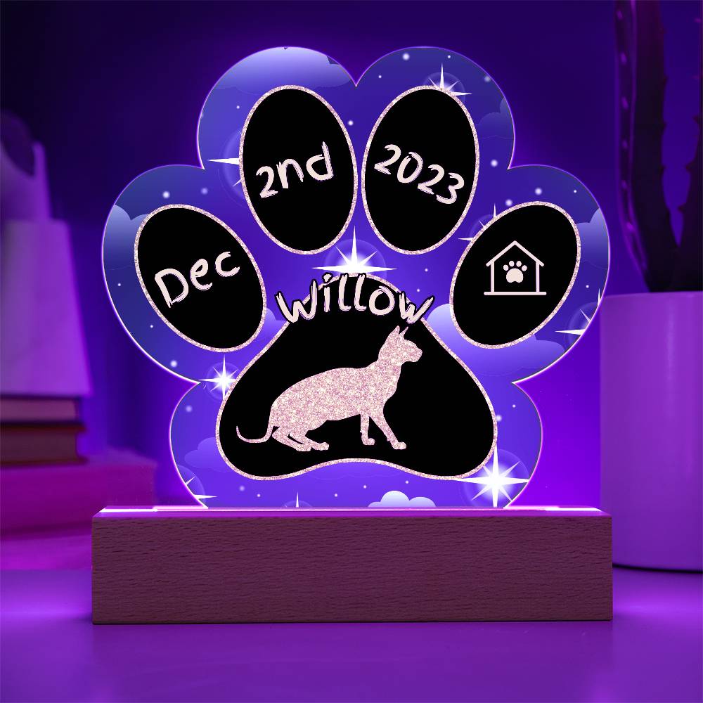 Don Sphynx Cat Gotcha Day Plaque - Custom 7" LED Acrylic Paw Print Welcome Home Gift