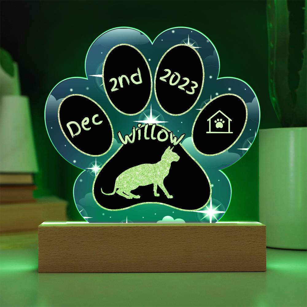 Don Sphynx Cat Gotcha Day Plaque - Custom 7" LED Acrylic Paw Print Welcome Home Gift