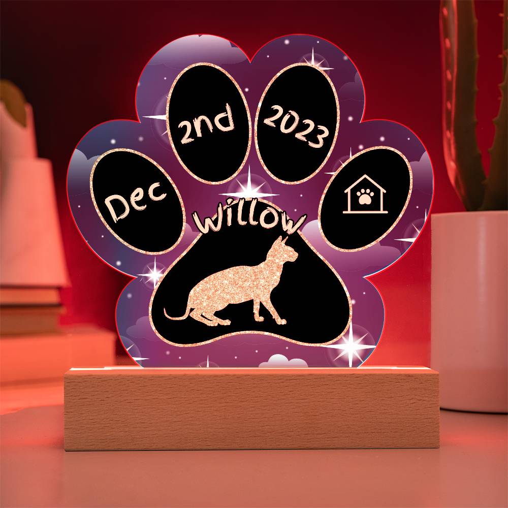 Don Sphynx Cat Gotcha Day Plaque - Custom 7" LED Acrylic Paw Print Welcome Home Gift