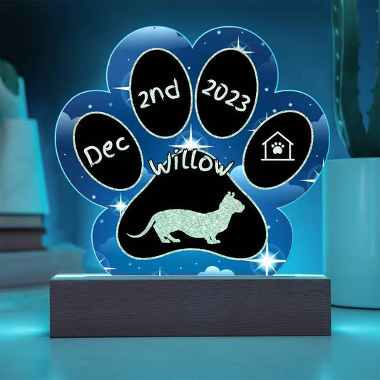 Shop our dwelf personalized cat gotcha day acrylic paw print plaque featuring the Battery Powered LED Base style option from MySisterIsASurvivor.
