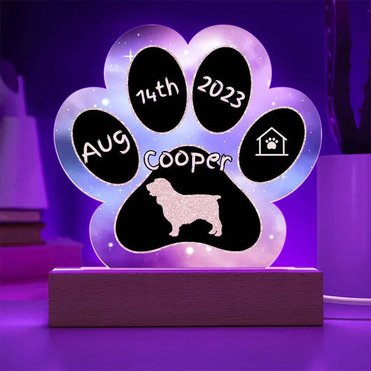 Shop our english cocker spaniel personalized dog gotcha day acrylic paw print plaque featuring the Battery Powered LED Base style option from MySisterIsASurvivor.