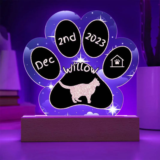 Shop our european shorthair personalized cat gotcha day acrylic paw print plaque featuring the Battery Powered LED Base style option from MySisterIsASurvivor.