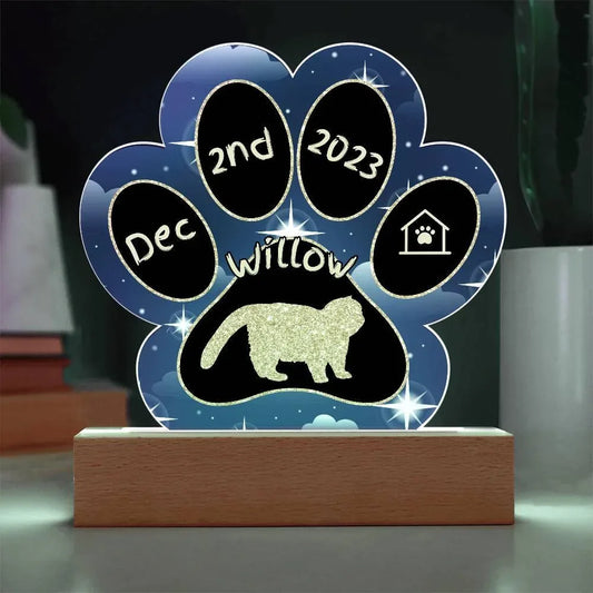 Shop our exotic shorthair personalized cat gotcha day acrylic paw print plaque featuring the Battery Powered LED Base style option from MySisterIsASurvivor.