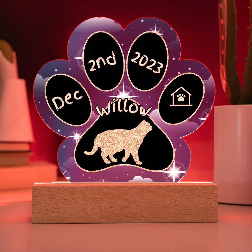 Foldex Cat Gotcha Day Plaque - Custom 7" LED Acrylic Paw Print Cat Lover Keepsake