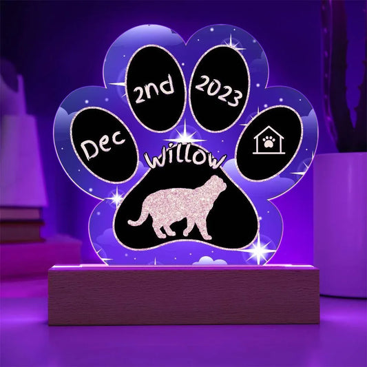 Shop our foldex personalized cat gotcha day acrylic paw print plaque featuring the Battery Powered LED Base style option from MySisterIsASurvivor.