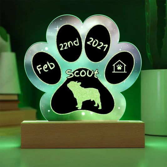 Shop our french bulldog personalized dog gotcha day acrylic paw print plaque featuring the Battery Powered LED Base style option from MySisterIsASurvivor.