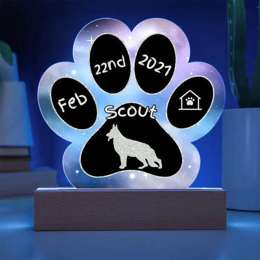 Shop our german shepherd personalized dog gotcha day acrylic paw print plaque featuring the Battery Powered LED Base style option from MySisterIsASurvivor.