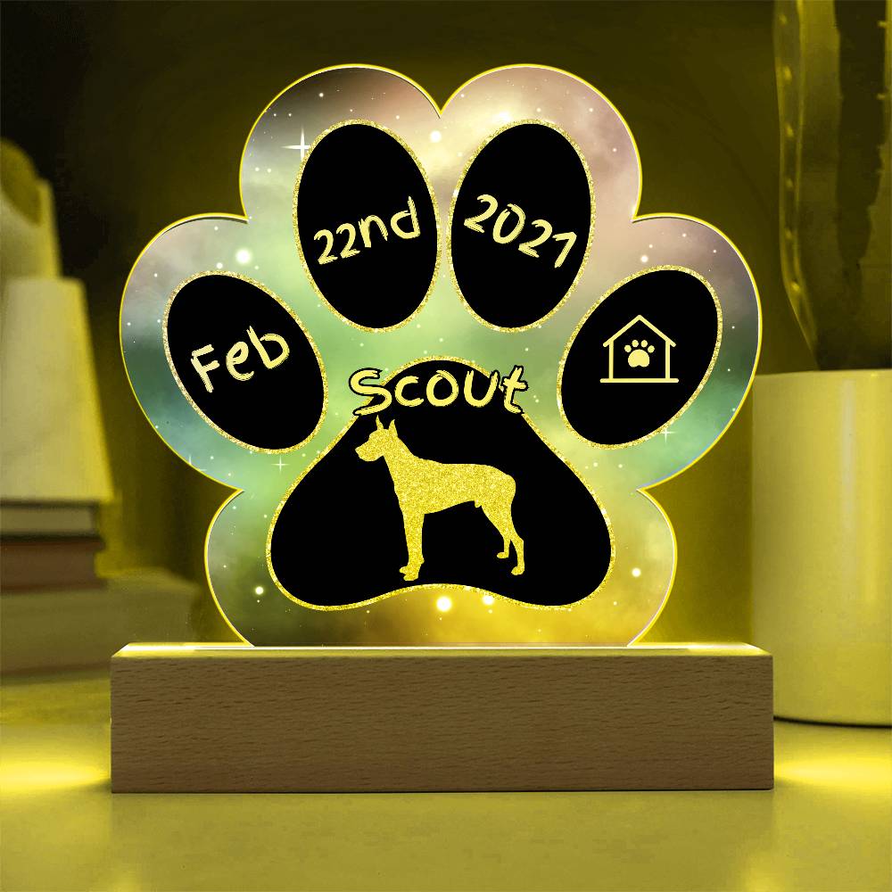 Great Dane personalized Gotcha Day acrylic dog plaque - 7" paw print keepsake