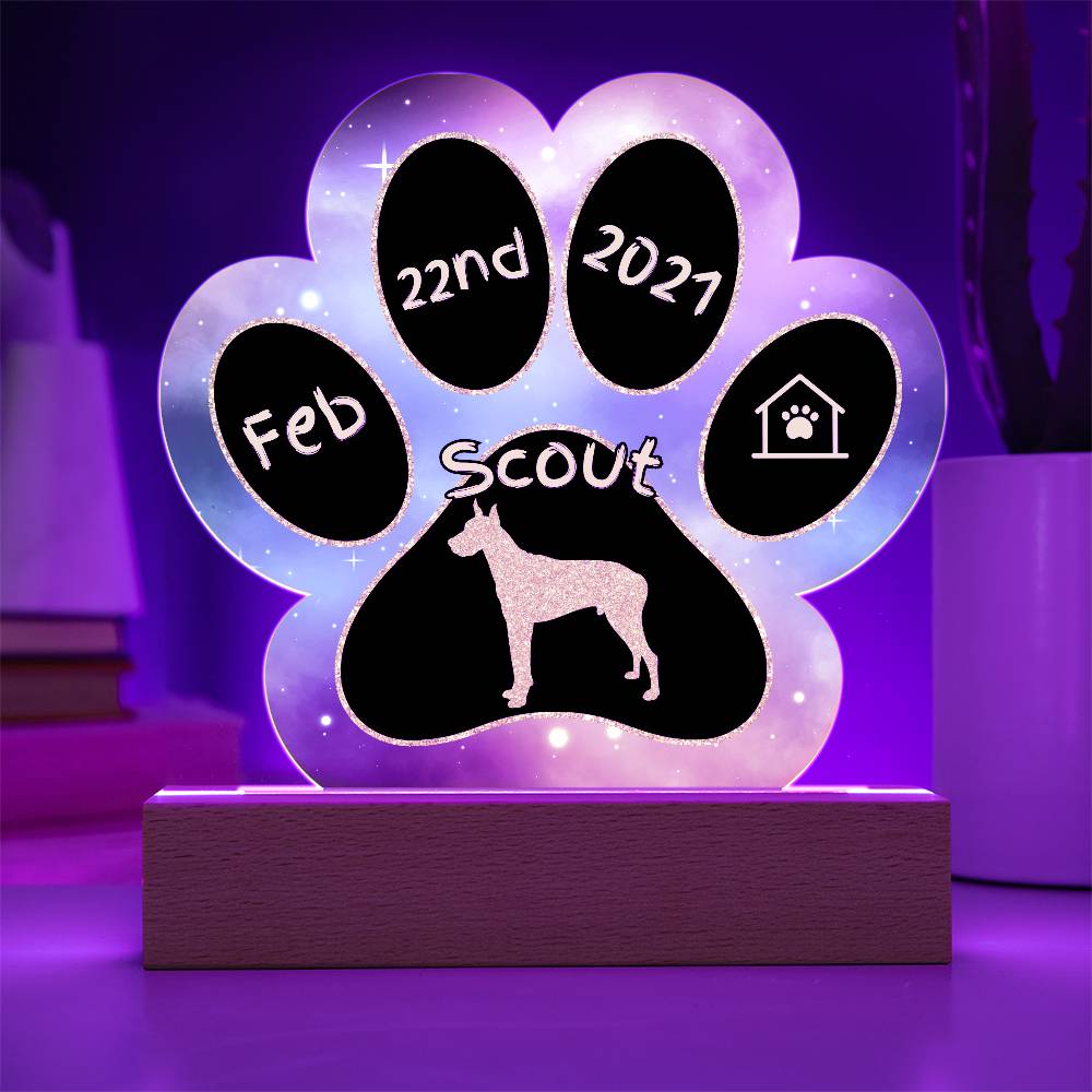 Great Dane personalized Gotcha Day acrylic dog plaque - 7" paw print keepsake