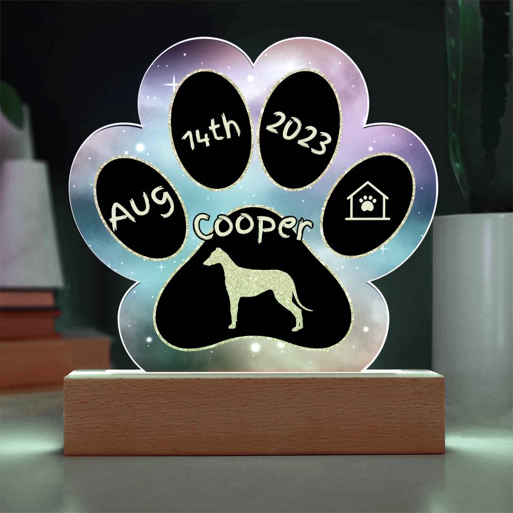 Greyhound personalized Gotcha Day acrylic dog plaque - 7" paw print keepsake