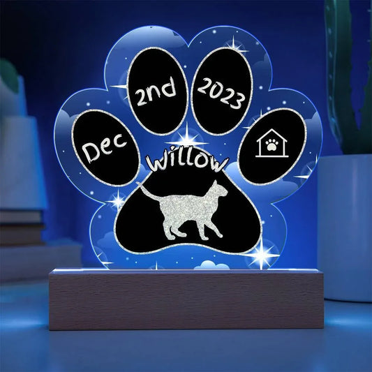 Shop our havana brown personalized cat gotcha day acrylic paw print plaque featuring the Battery Powered LED Base style option from MySisterIsASurvivor.