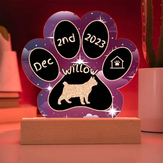 Shop our highlander personalized cat gotcha day acrylic paw print plaque featuring the Battery Powered LED Base style option from MySisterIsASurvivor.