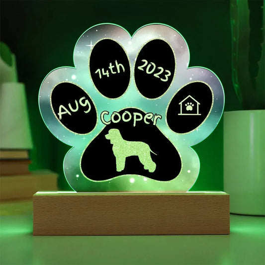 Shop our irish water spaniel personalized dog gotcha day acrylic paw print plaque featuring the Battery Powered LED Base style option from MySisterIsASurvivor.