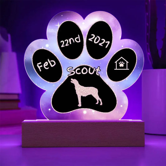 Shop our irish wolfhound personalized dog gotcha day acrylic paw print plaque featuring the Battery Powered LED Base style option from MySisterIsASurvivor.