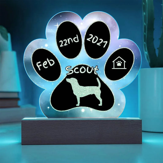 Shop our jack russel personalized dog gotcha day acrylic paw print plaque featuring the Battery Powered LED Base style option from MySisterIsASurvivor.