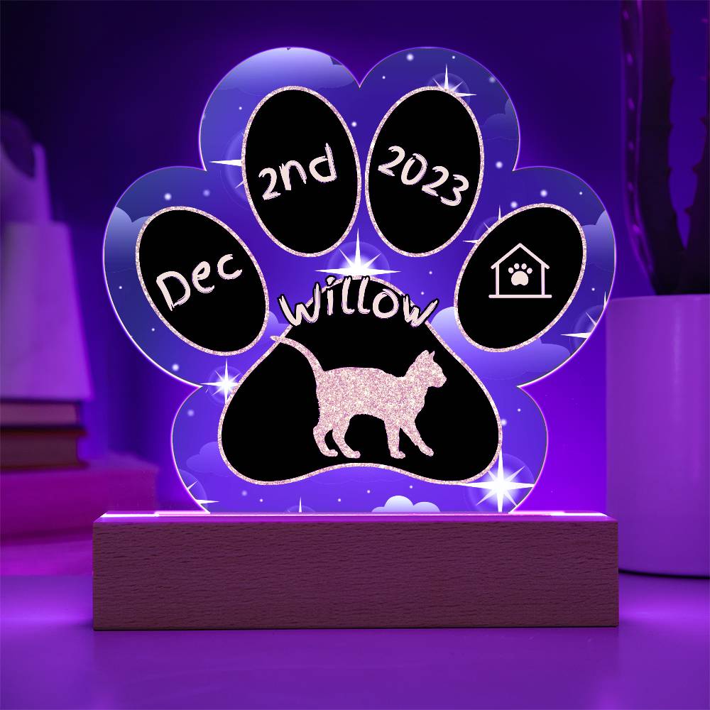 Kanaani Cat Gotcha Day Plaque - Personalized 7" LED Acrylic Paw Print Adoption Keepsake