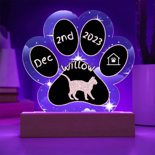 Shop our kanaani personalized cat gotcha day acrylic paw print plaque featuring the Battery Powered LED Base style option from MySisterIsASurvivor.