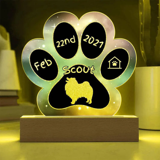 Shop our keeshond personalized dog gotcha day acrylic paw print plaque featuring the Battery Powered LED Base style option from MySisterIsASurvivor.