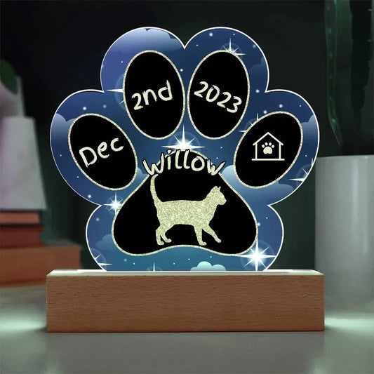 Shop our korn ja personalized cat gotcha day acrylic paw print plaque featuring the Battery Powered LED Base style option from MySisterIsASurvivor.