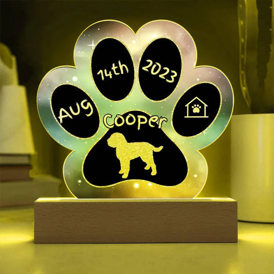 Shop our lagotto romagnolo personalized dog gotcha day acrylic paw print plaque featuring the Battery Powered LED Base style option from MySisterIsASurvivor.