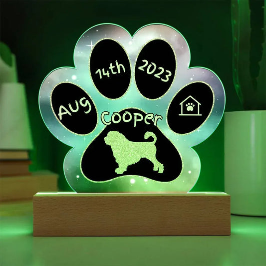 Shop our lowchen personalized dog gotcha day acrylic paw print plaque featuring the Battery Powered LED Base style option from MySisterIsASurvivor.