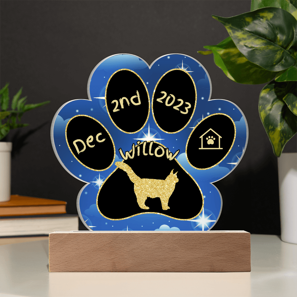 Maine Coon Cat Gotcha Day Plaque - Personalized 7" LED Acrylic Paw Print Welcome Home Gift