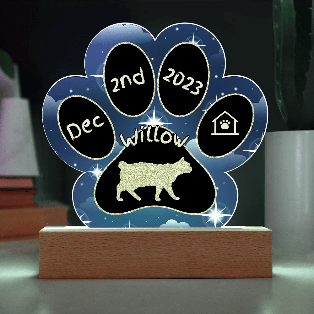 Manx Cat Gotcha Day Plaque - Custom 7" LED Acrylic Paw Print Pet Gift