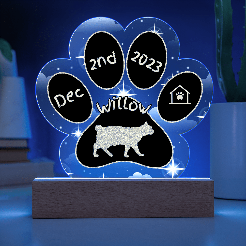 Manx Cat Gotcha Day Plaque - Custom 7" LED Acrylic Paw Print Pet Gift